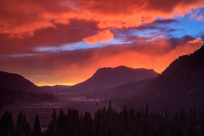 A beautiful sunrise over Horseshoe Park in Rocky Mountain National Park