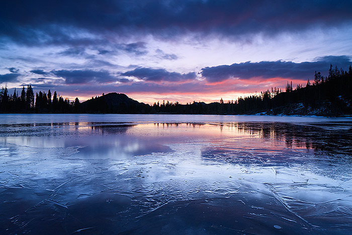 Sprague Lake reflects the steely blue colors of sunrise on its icy an thawing surface. Rocky Mountain National Park has been a personal photography project of mine or the last fourteen years. Projects, To-Do lists and staying in shape make it easier to take advantage of perfect conditions such as these. Technicial Details: Canon EOS 1Ds III, 24mm TS-E F3.5 L II
