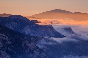 A dramatic sunrise over the granite comprising Lumpy Ridge last week. Again, the inversion helped to trap clouds along the peaks of Lumpy Ridge while the sunrise kissed the top of the fog and clouds with some warm light. Technical Details: Canon EOS 5D Mark III, 70-300mm F4-5.6 L