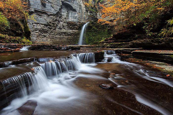 Beautiful Eagle Cliff Falls in Havana Glen cascades over the rocks and past some beautiful autumn colors. Havana Glen which is located in Montour Falls, New York is only a short distance from the more well known Watkins Glen, but equally as beautiful. Technical Details: Canon EOS 5D Mark III, 16-35mm F2.8 L II