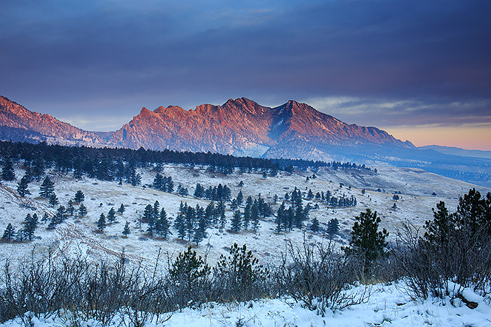 Moody blue light drapes the landscape of Boulder as sunrise sets the Flatirons ablaze in red. The lightshow this morning lasted only a few minutes, but its experiences and scenes like these that keep me out in the field early and often. Technical Details: Canon EOS 5D Mark III, 24-70mm F4 IS 
