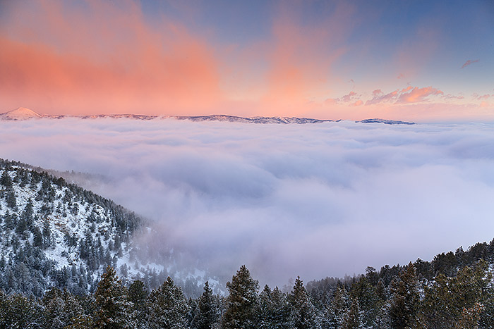 Weather plays of huge role in the success of your landscape photography. Unique conditions such as an inversion can take locations that normally my not be optimal for landscape photography, and instead transform the landscape into something magical. From near the top of Flagstaff Mountain, and low hanging inversion caused c cloud layer to form, thus filling Boulder Canyon and the area over Lost Gulch with clouds at sunrise. Technical Details: Canon EOS 1Ds Mark III, 24-70mm F4 IS L 