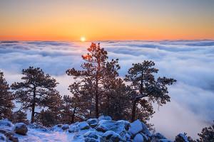 The clouds from the inversion rested just below the summit of Flagstaff mountain. Hiking to the summit allowed just enough altitude to get above the cloud line and photograph sunrise. Technical Details: Canon EOS 1Ds III, 24-70mm F4 IS L 