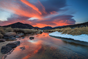 Sunrise looking to both east and west along the banks of the Big Thompson river was spectacular. Looking east towards Estes Park the sky was filled with red. Technical Details: Canon EOS 1Ds III, 17mm TS-E L 