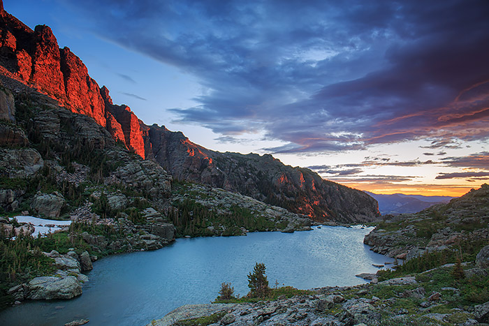 There are few places I’d rather watch sunrise unfold then from high above Loch Vale at Lake of Glass. While there is some dispute as to whether this lake should be called Glass Lake or Lake of Glass there is no disputing this is one of the most beautiful locations in Rocky Mountain National Park. The sunrise this particular morning only added to the drama and beauty of Lake of Glass as the breeze prevented the waters from living up to their namesake. Technical Details: Canon EOS 5D Mark III, 24-70mm F4 IS L