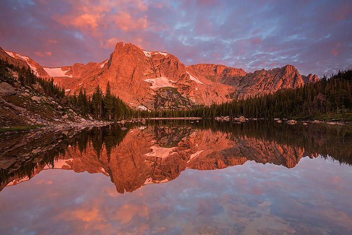 Over the last sixteen years, I've made many visits to Two Rivers Lake in Rocky Mountain National Park to photograph this beautiful location. All the conditions finally came together for me on Tuesday when a combination of an electric sunrise and no wind finally allowed me to capture an image of Two Rivers Lake I had been attempting for years. Technical Details: Canon EOS 5D Mark III, 16-35mm F4 IS L 