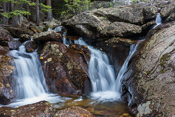 Many photographers overlook the west side of Rocky Mountain National Park. The west side of Rocky requires a little more work then the east side of Rocky but it's well worth the effort. Here Cascade Falls and the North Inlet tumbles down the many rocks and boulders that make up this large waterfall on the west side of the park. Technical Details: Canon EOS 5D Mark III, 24-70mm F4 IS L 