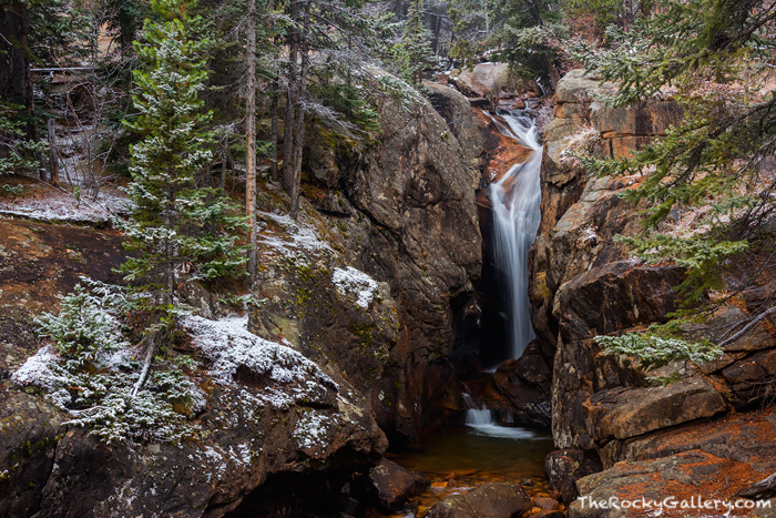 The tweener season between autumn and fall in Rocky Mountain National Park is known as the 'brown' seaons. It's easy to see one's motivation wane when it comes to photography. Even during the brown season there are lots of interesting landscapes and wildlife oppurtunities to photograph. Hiking up to Chasm Falls on a snow morning last week provided a unique opportunity to photograph what would be a very busy place when Fall River Road is open. This day, not another soul to be found. Technical Details: Nikon D810, Nikkor 24-120mm F4 ED AF VR