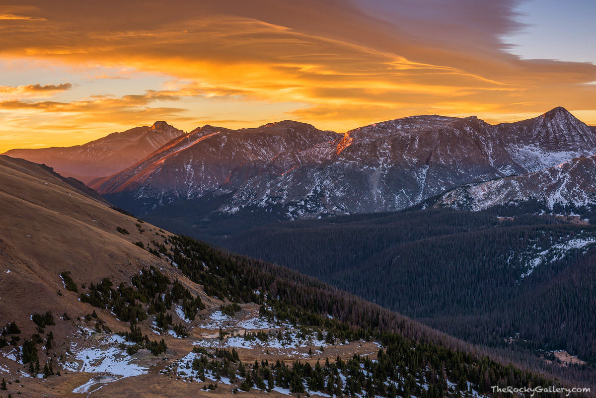It's that time of year again in Rocky Mountain National Park. Known as the 'shoulder season' the period between fall and winter is often ignored by photographers. With our mild autumn its still a great time to get out and photograph Rocky Mountain National Park. I was able to photograph this sunrise from the Gore Range overlook along Trail Ridge Road on October 27th of this year. Last year at this time, Trail Ridge Road was closed and was already covered with a good amount of snow. Technical Details: Nikon D810, Nikkor 24-70mm F2.8 ED AF