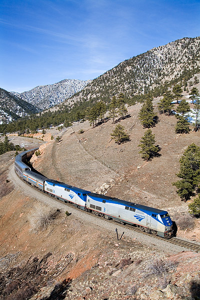 Amtrak's California Zephry is pictured at the mouth of Coal Creek Canyon just east of Tunnel one at Arvada, CO. The Zephyr, reffered...