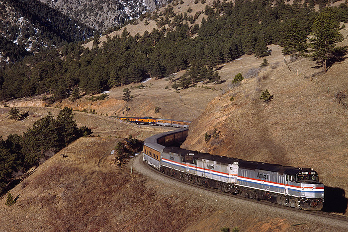 The Ski Train is pictured at Tunnel 1 just west of Arvada, CO. The train is in the mouth of Coal Creek Canyon but will turn north...