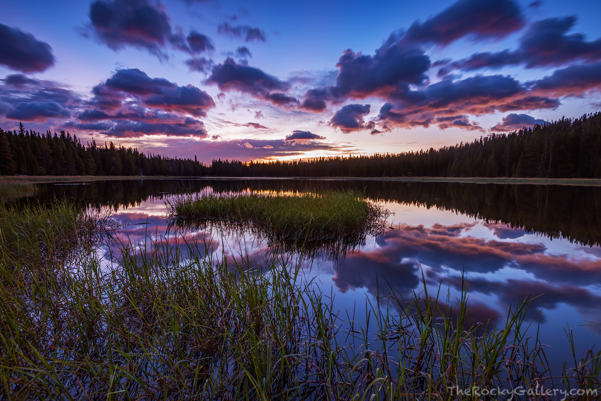 A warm September morning begins to unfold over the lush shores of Bierstadt Lake. Puffy clouds drift over Bierstadt Lake as the...