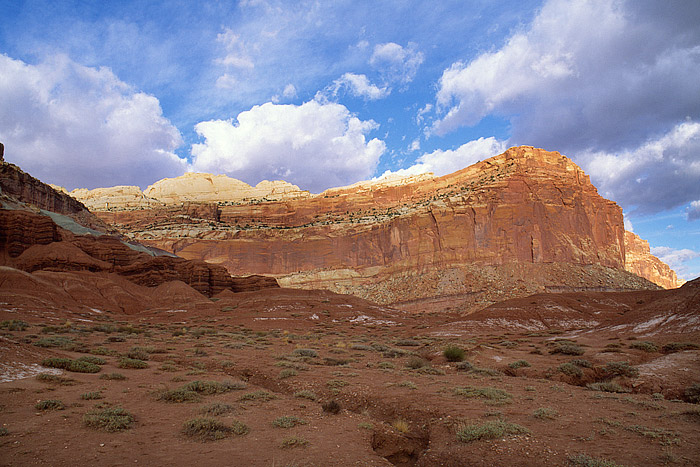 Menacing clouds form over the sandstone mesa's along the Waterpocket fold in Capitol Reef, National Park. Though these clouds...