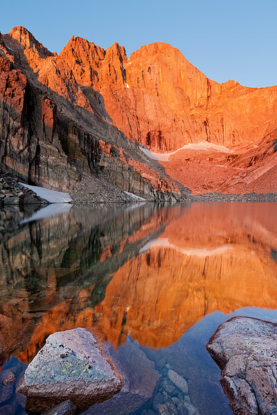 It's a rare event to have little to no wind scraping the surface of Chasm Lake at the base of Longs Peak.&nbsp;High above Rocky...