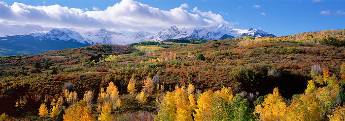 The high peaks of Colorado's San Juan Mountains just outside of Ridgway. The high peaks are dusted with fresh snow but the meadows...