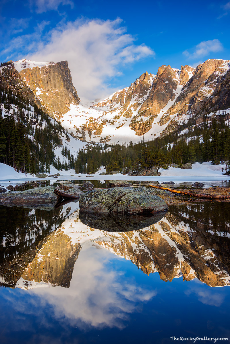 All the elements converege this morning at Dream Lake to form a perfectly symmetrical reflection. Hallett Peak and Flattop Mountain...