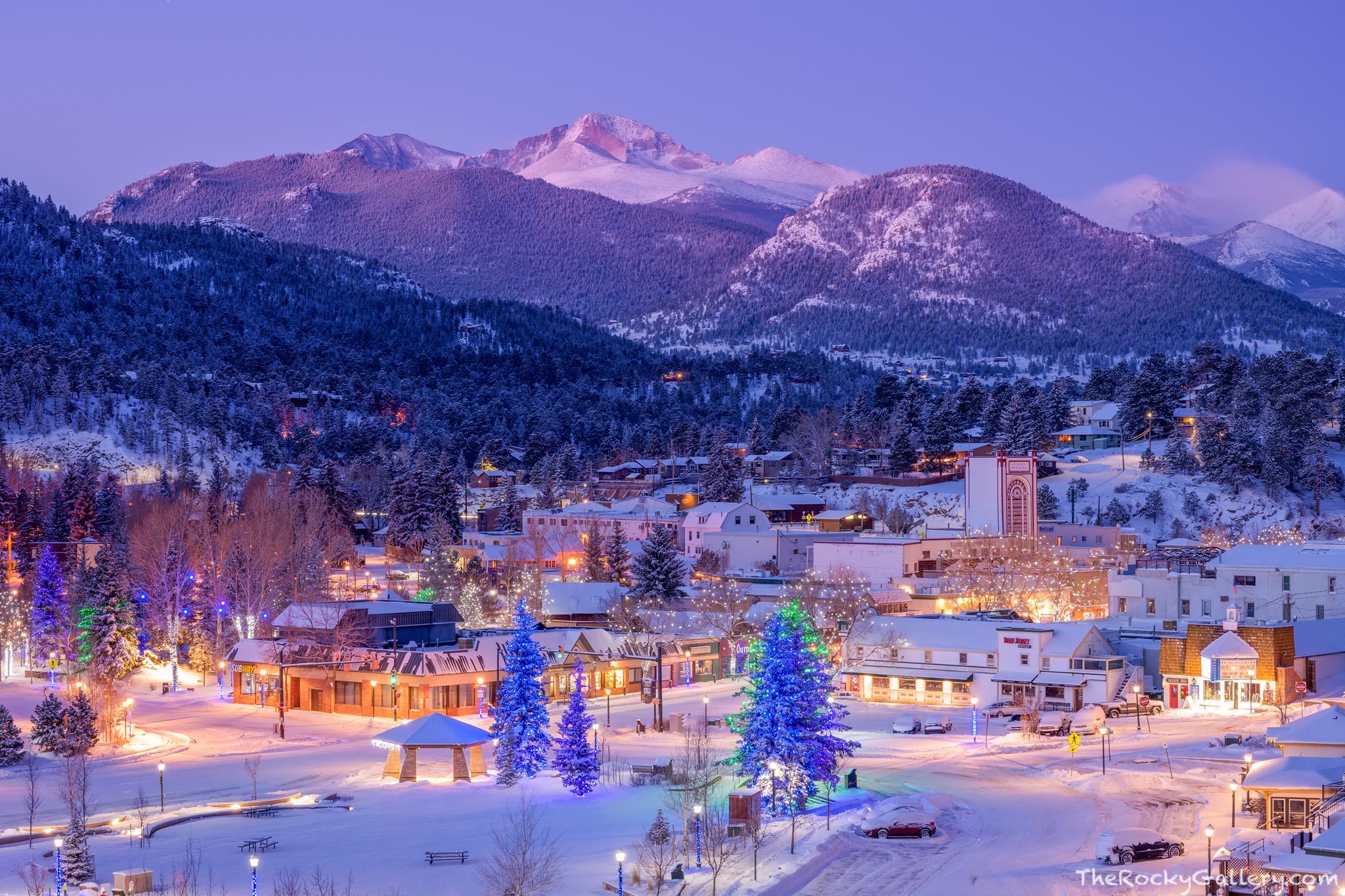 Its an idyllic scene over downtown Estes Park shortly before dawn on a chilly February morning. Snow has fallen over Estes Park...