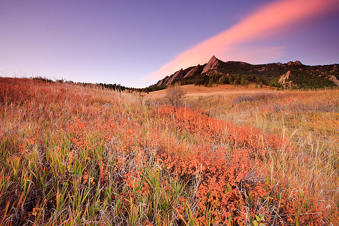 The grasses and trees below Boulder's Flatirons display golden brown and red colors of Autumn. The Flatirons are located in Boulder...