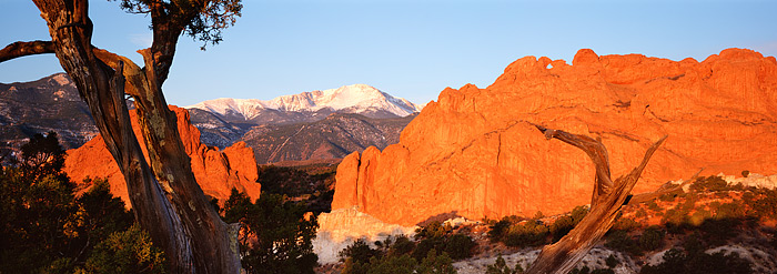 Peaks Peak is viewed from Rattlesnake Ridge in Colorado's Garden of the God's Park. Garden of the God's is located on the west...