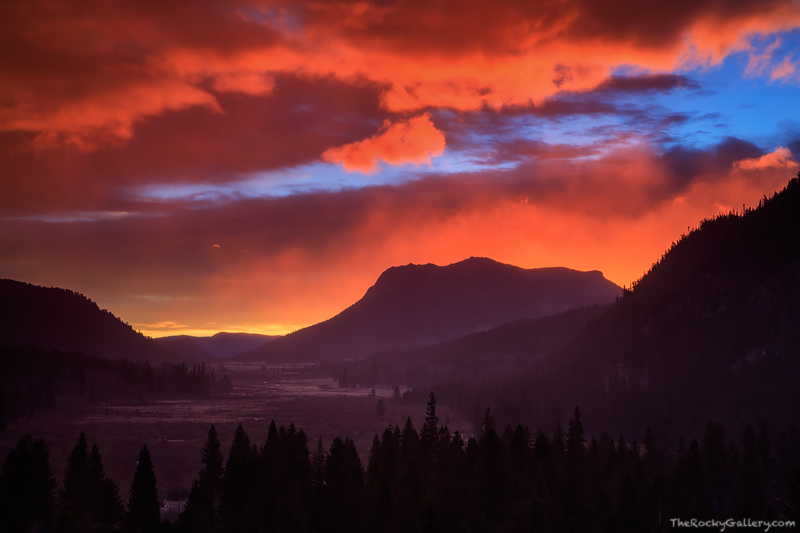 A breathtaking sunrise unfolds over Horseshoe Park and Deer Mountain on the east side of Rocky Mountain National Park. Winter...