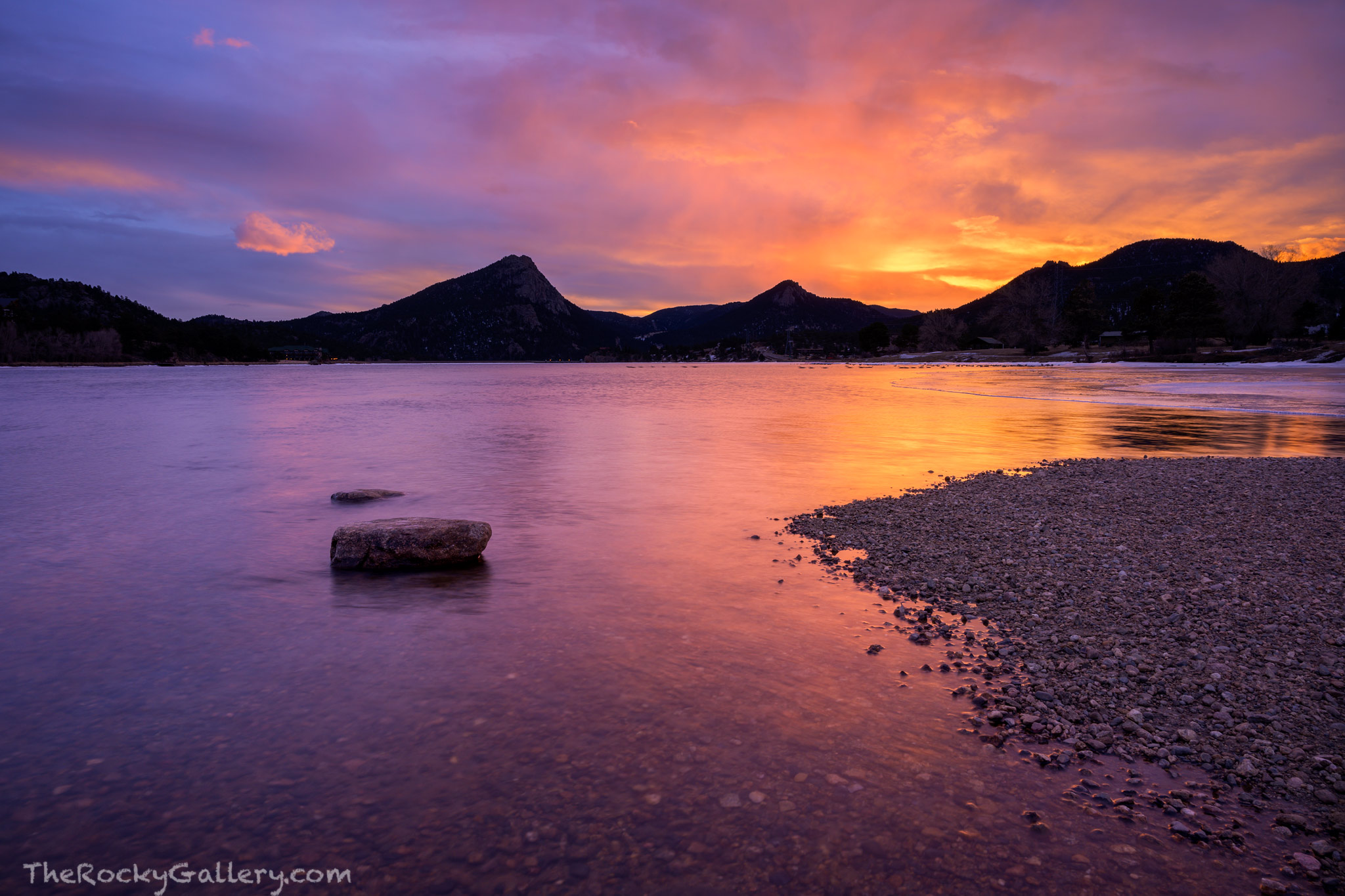 A brilliant sunrise unfolds over Lake Estes just east of Rocky Mountain National Park. While Estes Park is well known as being...
