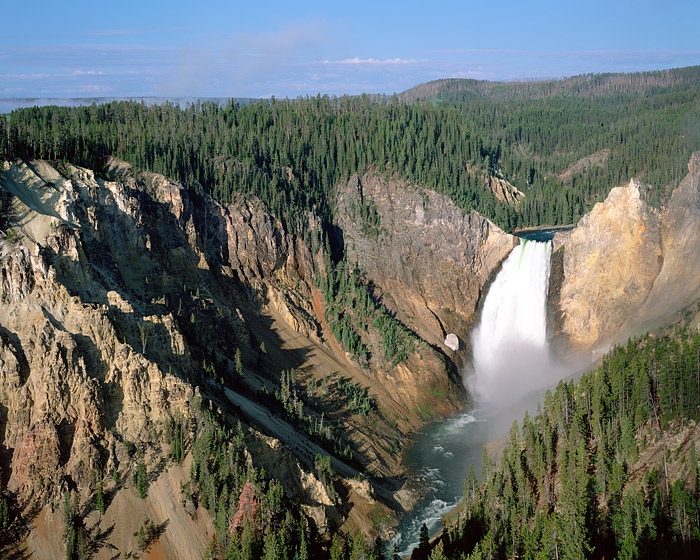 The Yellowstone River is seen plunging down the Lower Falls. The Grand Canyon of the Yellowstone is one of Yellowstone National...