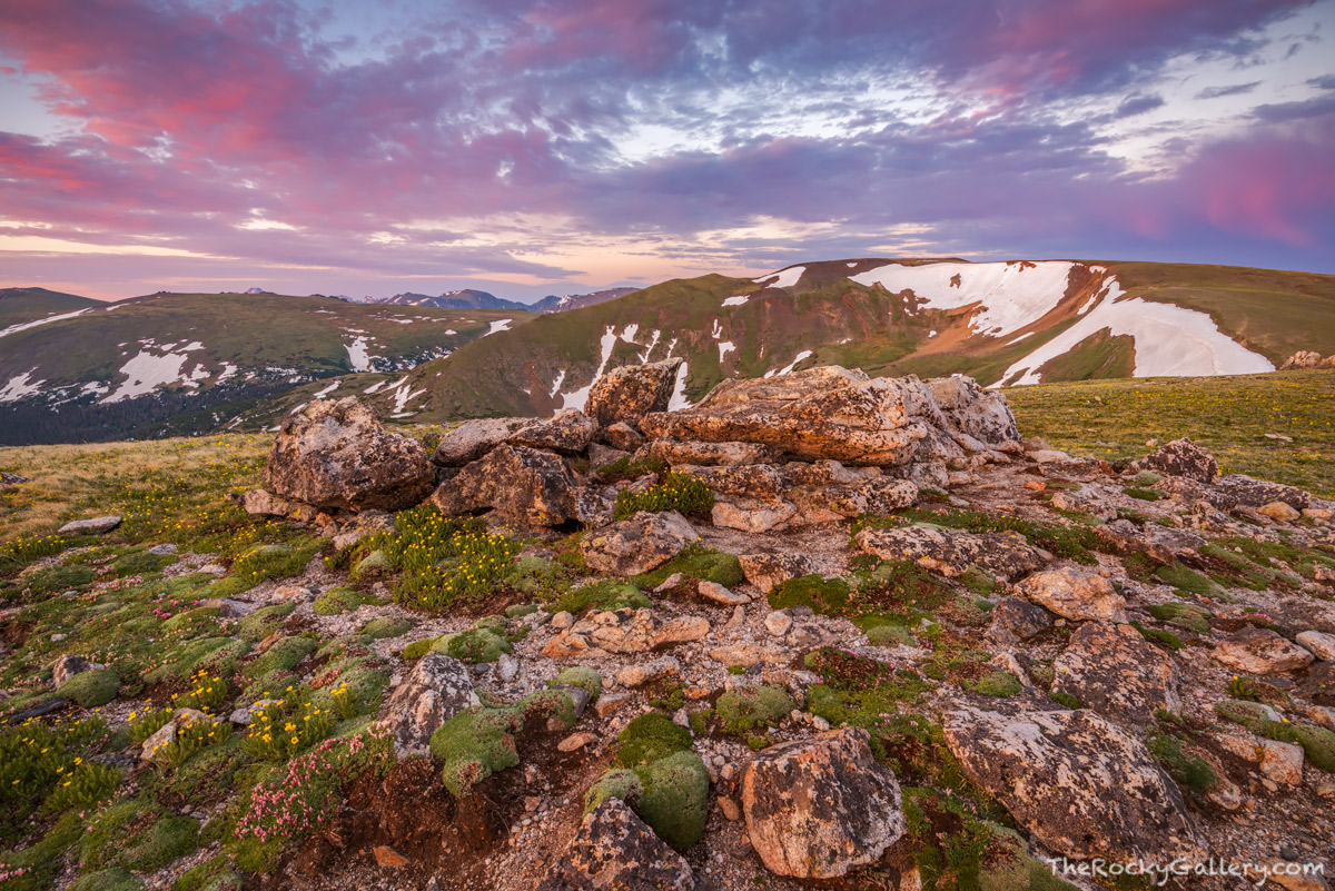 Sunrise from high above the Alpine Visitor Center and Trail Ridge Road from the top of the hill known by NPS Rangers as 'heart...