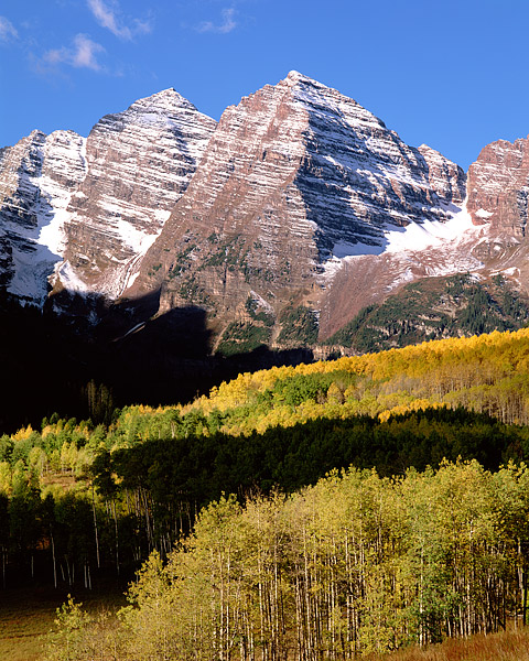 North and South Maroon Peak are viewed from an area near Maroon Lake. The Maroon Bells are one of the most photographed icons...