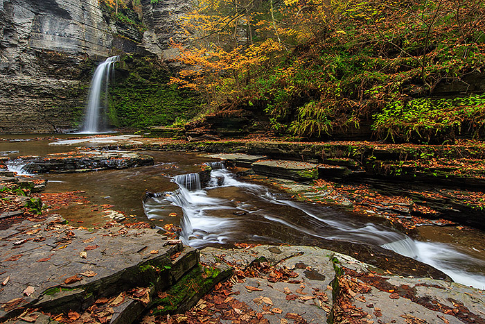 Eagle Cliff Falls cascades over the rocks downstream. Fall is in its full splendor at Eagle Cliff Falls and the golden trees...