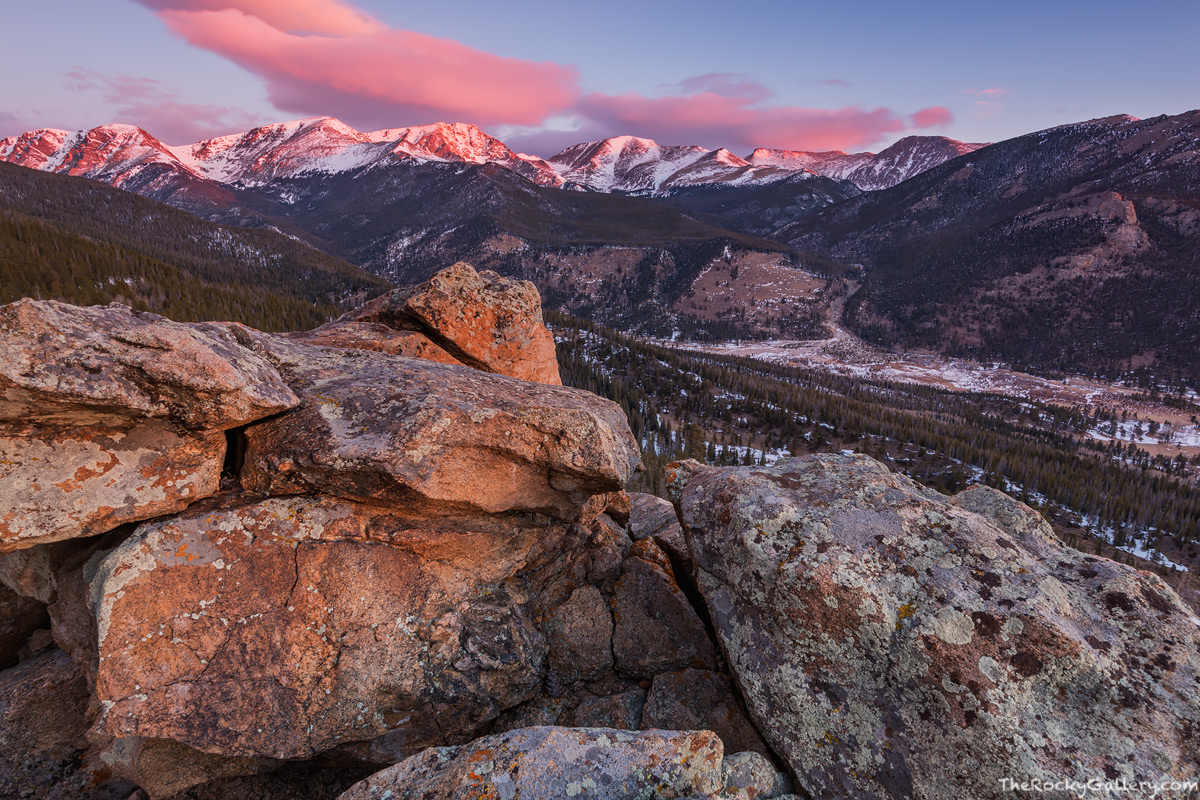 The winds sweep through Horseshoe Park as the early warm light of a February morning in Rocky Mountain National Park illuminates...