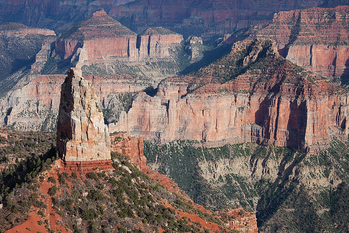 Soft diffused light splashes over the peaks of Arizona's Grand Canyon. Mt. Hayden stands as a sentinel over the North Rim of...