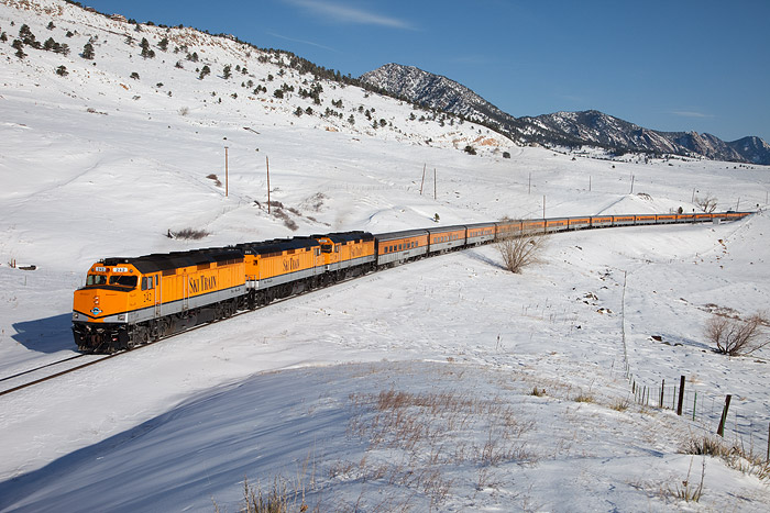 The Ski Train is photographed climbing the grade just west of Rocky siding and starting the ascent into the 'Little Ten' and '...