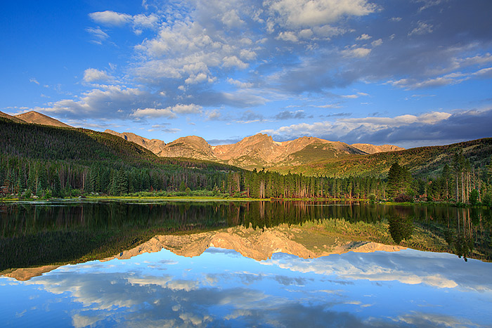 A completely placid and tranquil morning results in a mirror like reflection in the calm and peaceful waters of Sprague Lake....