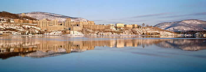 The U.S. Military Academy at West Point is viewed on a very cold Winter morning from Garrison, New York on. Fresh snow covers...