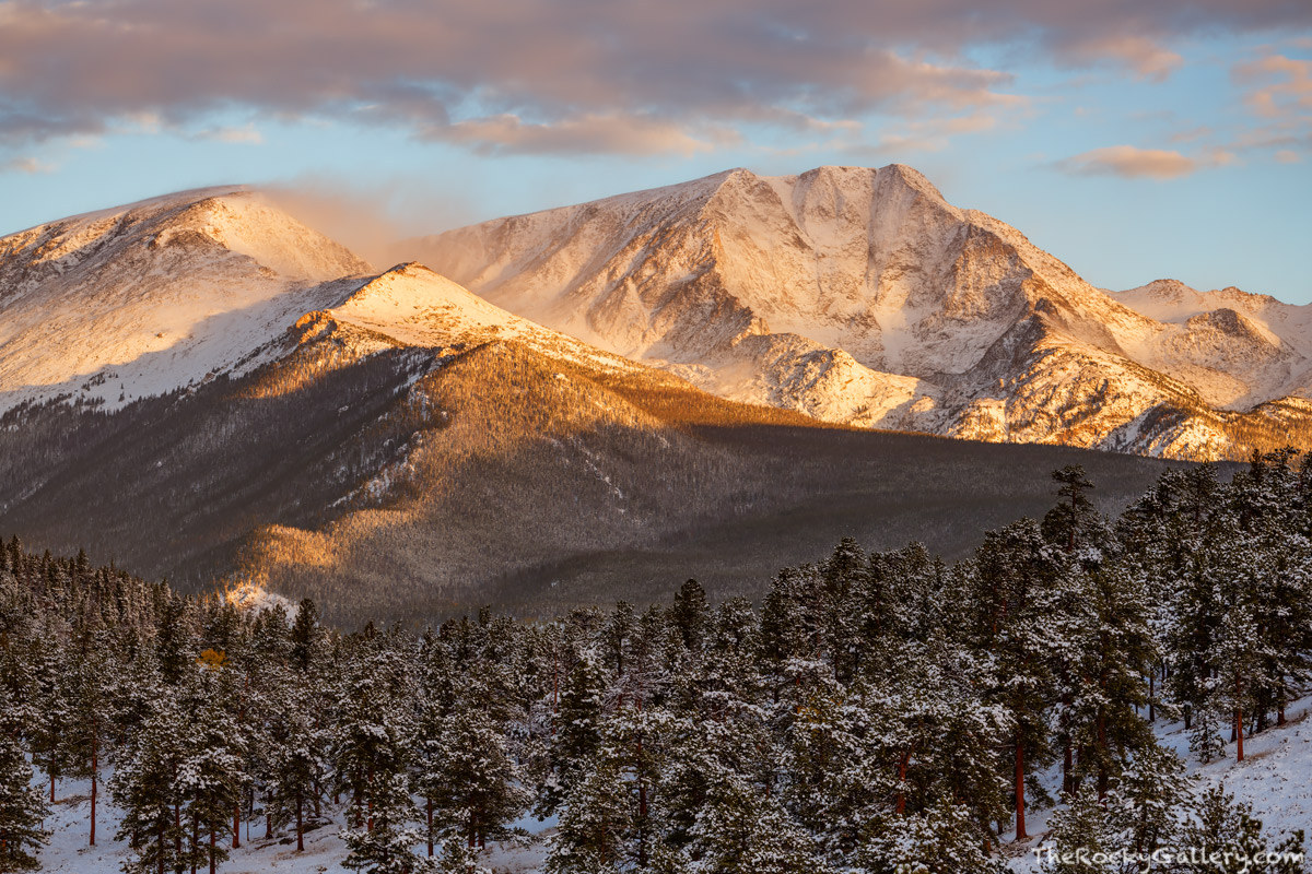 Ypsilon Mountain shines in gold as the sunlight illuminates one of the most distinctive mountains on the east side of Rocky Mountain...